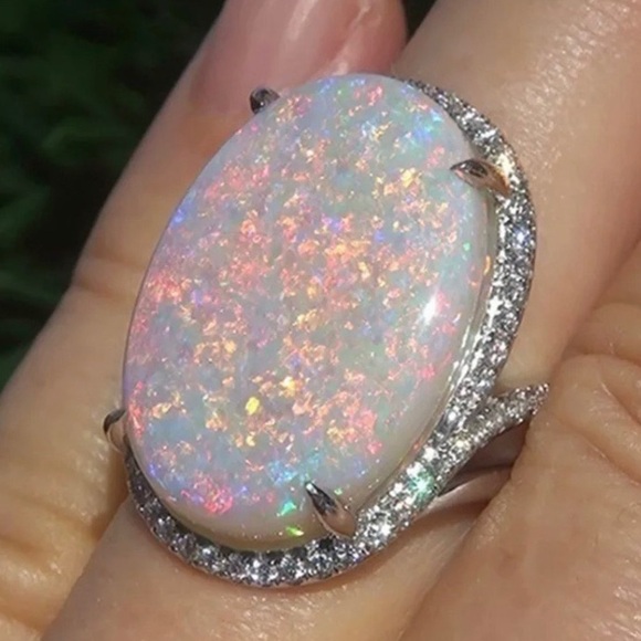 NEW Sterling Silver Huge Opal Diamond Ring - Picture 3 of 7